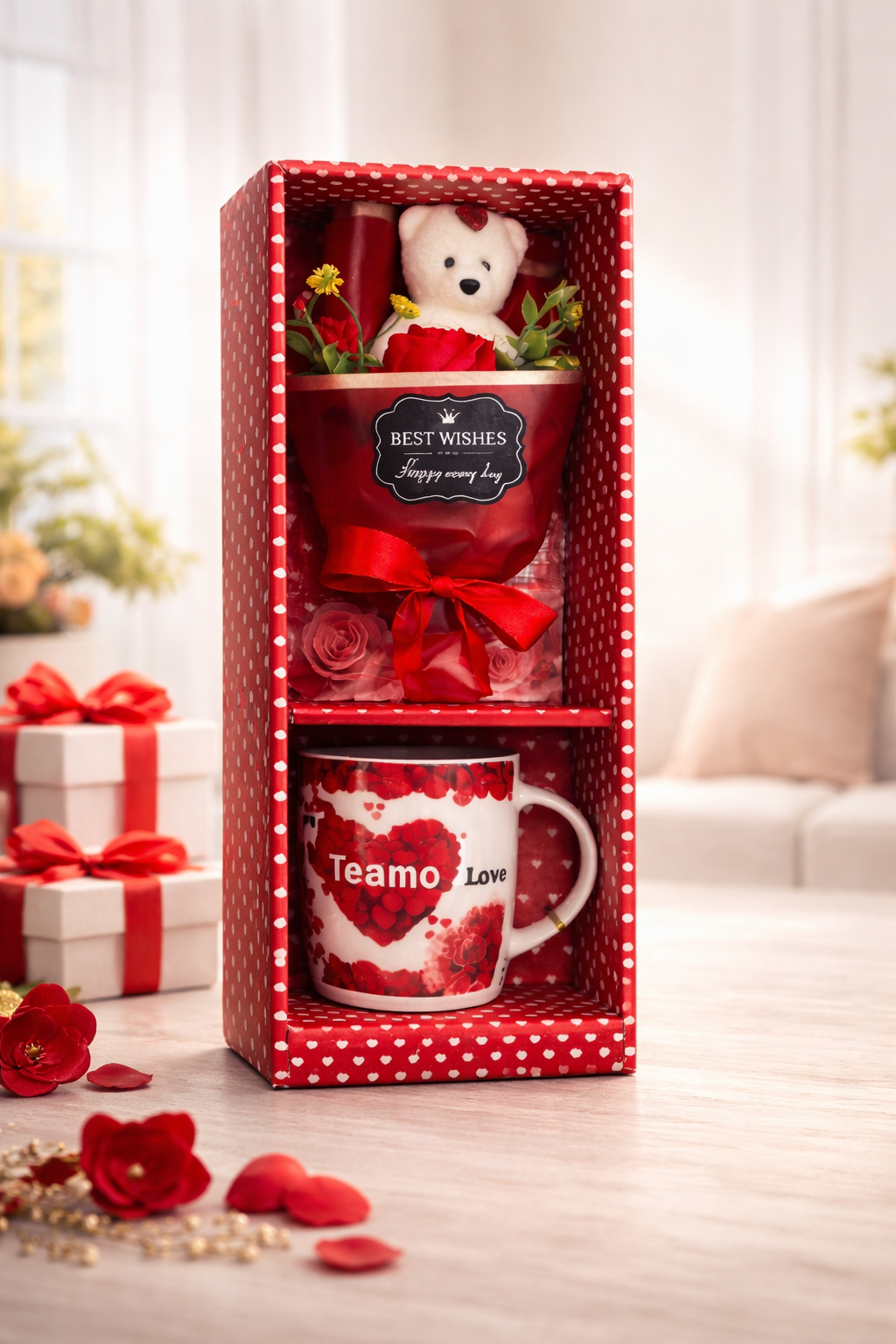 💝 Set San Valentín: Taza + Osito + Flores (en Caja Regalo)