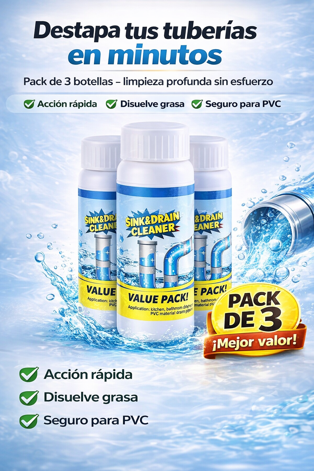 Sink & Drain Cleaner – Limpiador de Desagües Potente (Pack de 3)